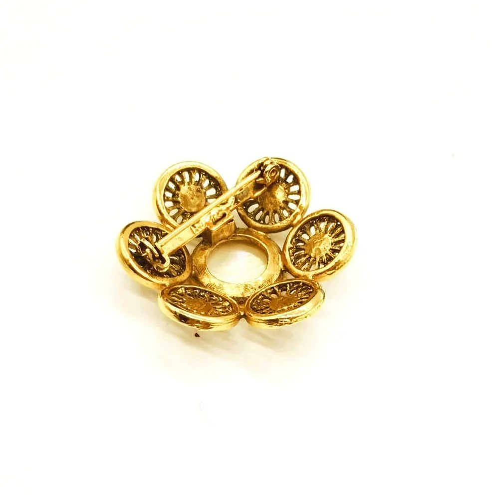 Vintage Gold Filigree Flower Brooch. Blue Celluloid Center Tiny Blue Flower